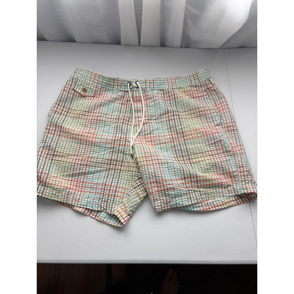 Tailor Vintage Mens Plaid Seersucker Swim Trunks Multicolor Mesh Lined Shorts‎ L